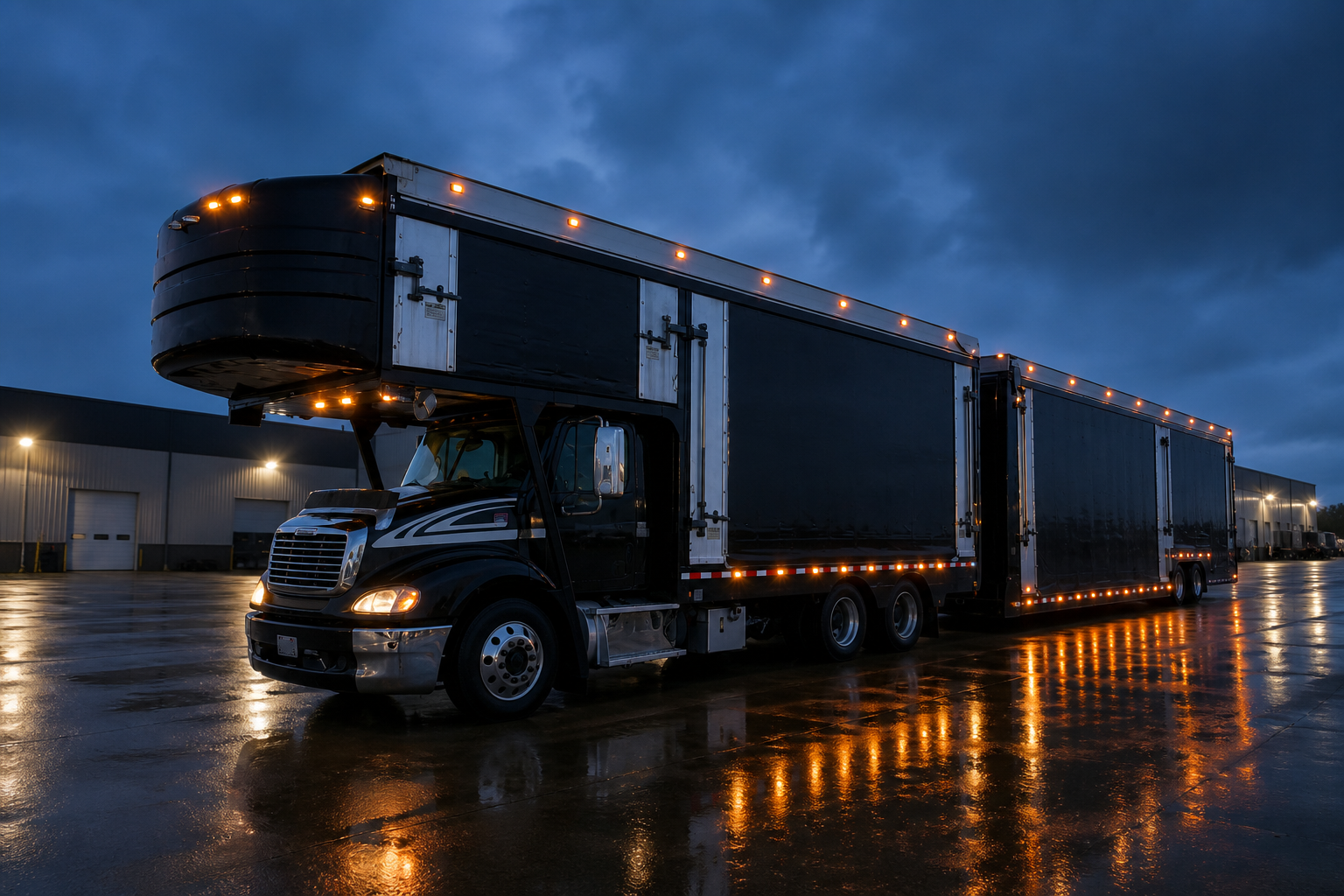 Black enclosed multi-car carrier at blue hour