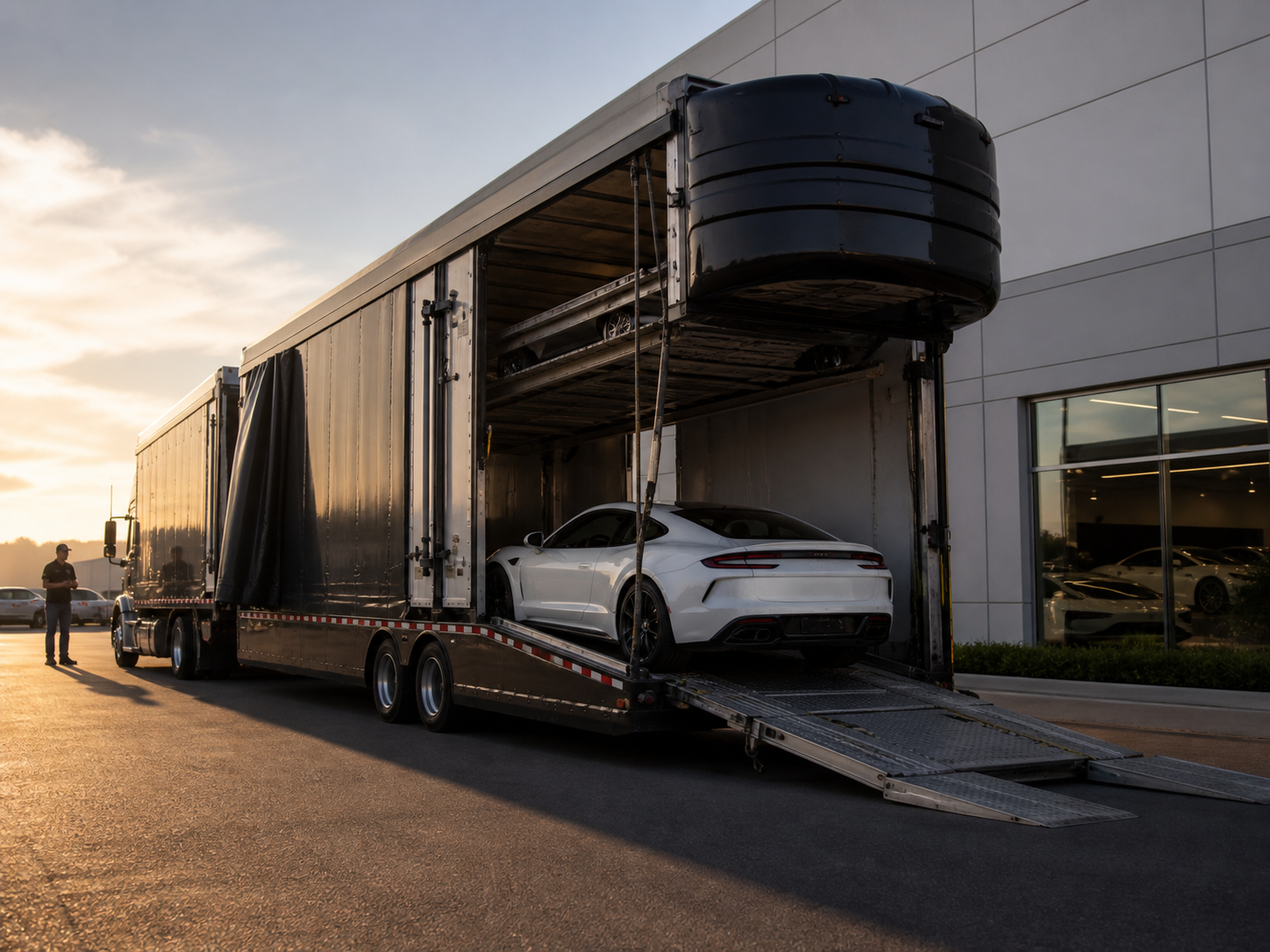 Black enclosed car carrier unloading a performance vehicle