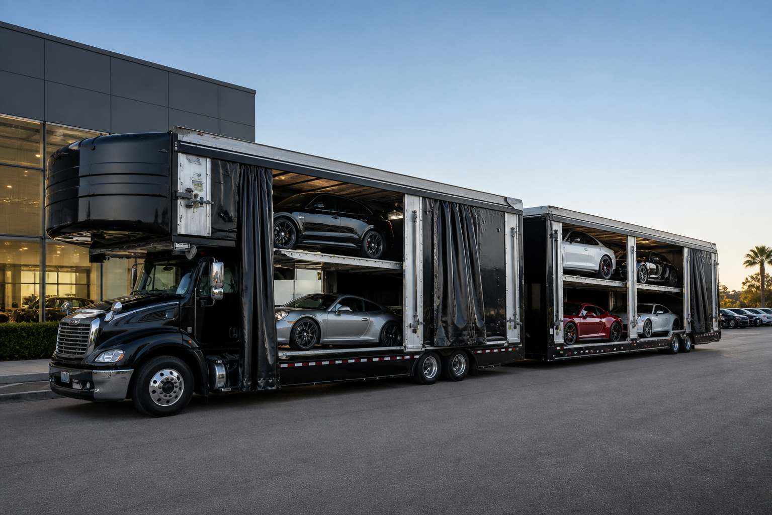 Black enclosed 9-car carrier loaded with premium vehicles